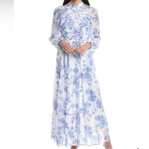🆕 Moda Tara Floral Blue and White belted long sleeve Maxi Dress